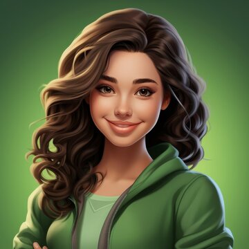 Happy smiling pretty Indian cartoon character young adult woman female person portrait in 3d style on green background. Human people feelings expression concept