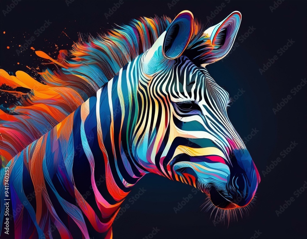 Poster abstract animal zebra portrait with colorful double exposure paint with generative ai
