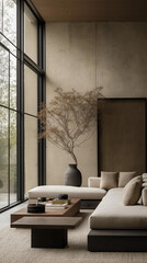 Japandi, minimalist interior design of modern living room