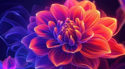 Abstract dahlia with neon geometric lines, vibrant colors, and a mesmerizing vector background, creating a striking visual impact