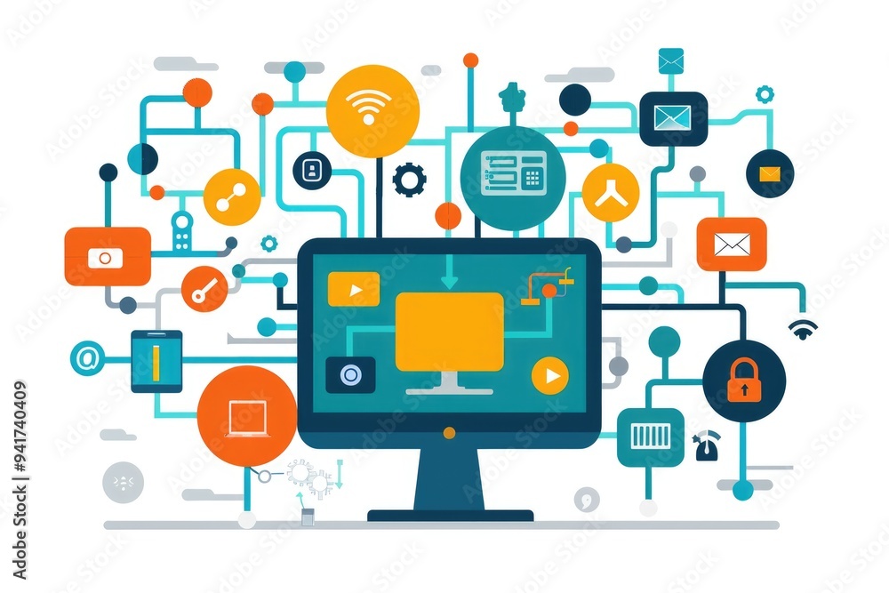 Fototapete modern digital network concept with icons and computer in a connected system