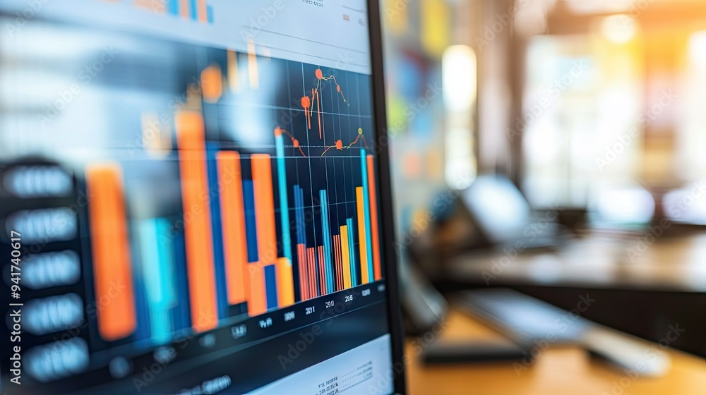 Poster a detailed financial graph with multiple indicators, displayed on a computer screen with a blurred o