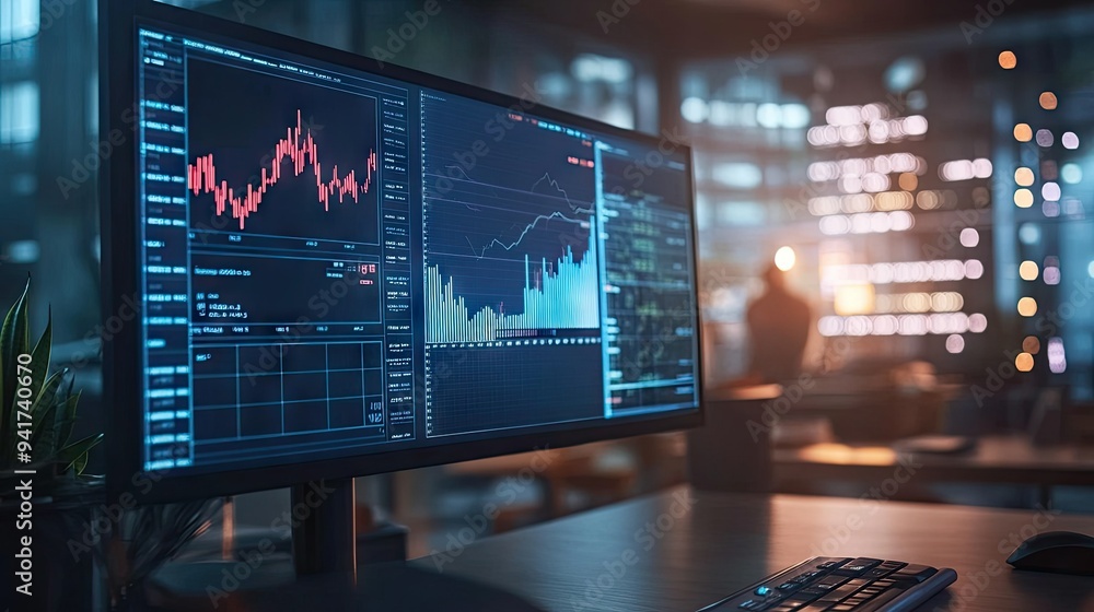 Poster a detailed financial graph with multiple indicators, displayed on a computer screen with a blurred o