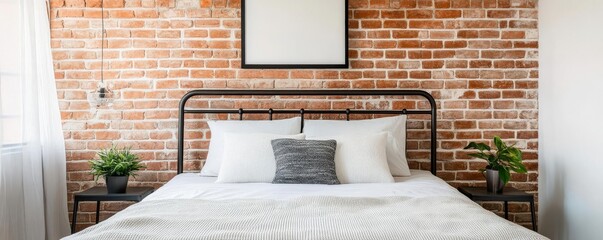 Bedroom with exposed brick accent wall and metal bed frame, raw textures, industrial elegance