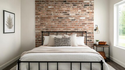 Bedroom with exposed brick accent wall and metal bed frame, raw textures, industrial elegance