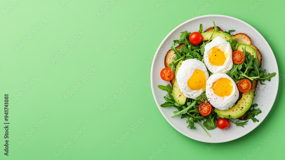 Poster vibrant plate of avocado toast with poached eggs, cherry tomatoes, and arugula, plated on one side w