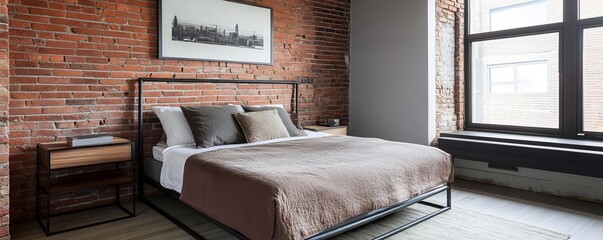 Bedroom with exposed brick walls and metal-framed furniture, raw design, urban comfort