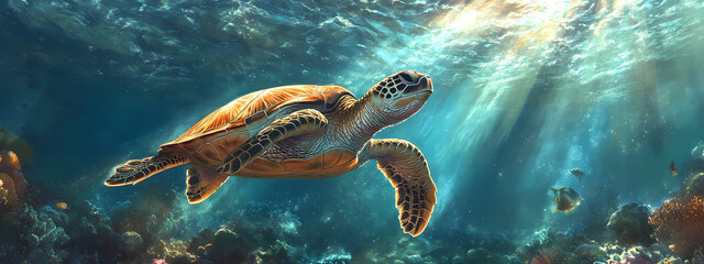 Fototapeta premium Sunlit Journey of a Sea Turtle