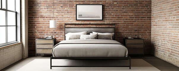 Bedroom with exposed brick walls and metal-framed furniture, raw design, urban comfort