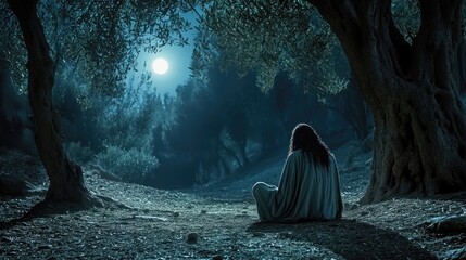 Jesus in prayerful solitude in Gethsemane, moonlight through olive trees creates a serene, contemplative moment of faith