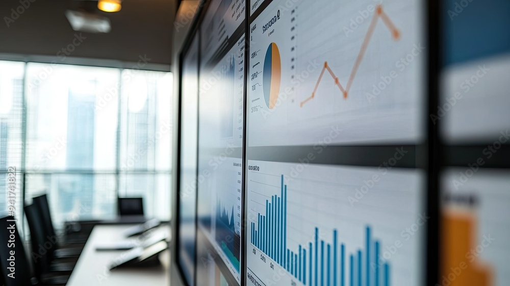 Poster a detailed shot of a business graph with various data points and indicators, displayed on a large sc