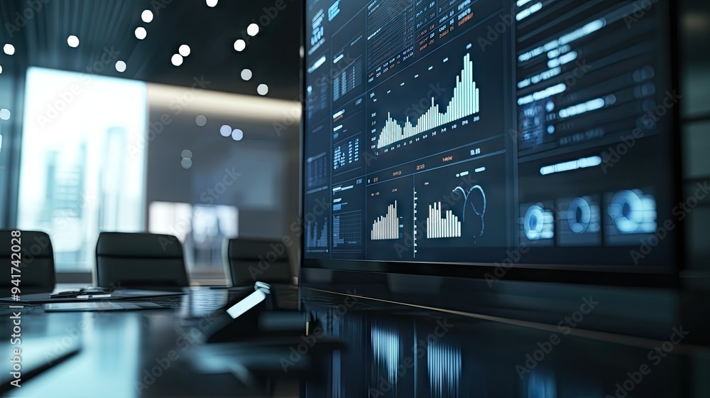 Poster a detailed shot of a business graph with various data points and indicators, displayed on a large sc