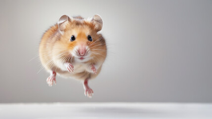 Front view of little hamster jumping on the table. Running mouse on light background.