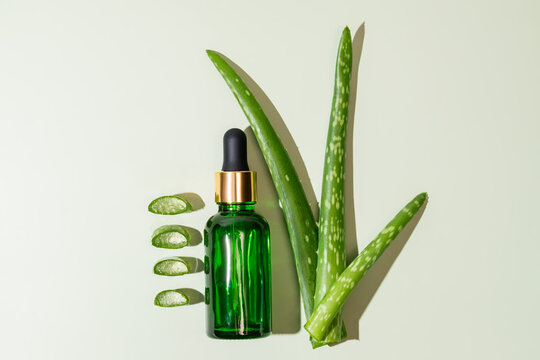Aloe vera serum and fresh leaves on a neutral background