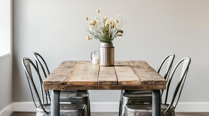 Dining area with metal chairs and a reclaimed wood table, vintage charm, industrial style