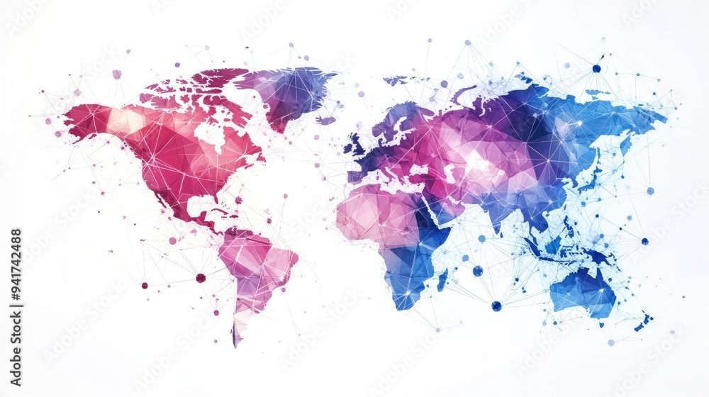 Poster geometric lines creating a world map in a modern abstract style, embodying global connections and st