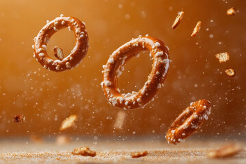 multiple salted pretzels floating in air with salt crystals falling
