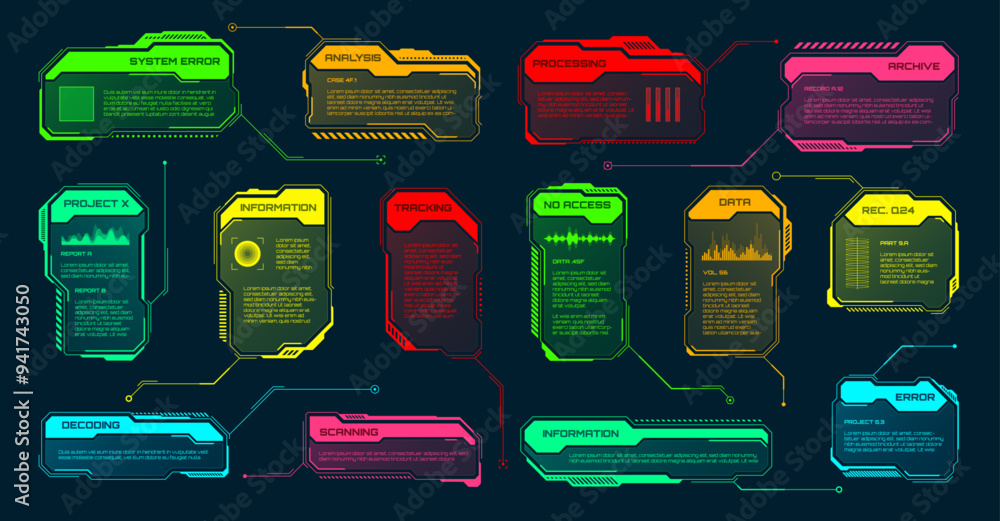 Poster futuristic hud or ui elements. sci-fi user interface text boxes, callouts. colorful warning message 