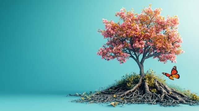 Vibrant tree with pink blossoms and a butterfly on a floating island