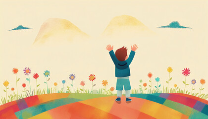 Illustrative depiction of a happy child or children raising their hands in joy against a colorful background