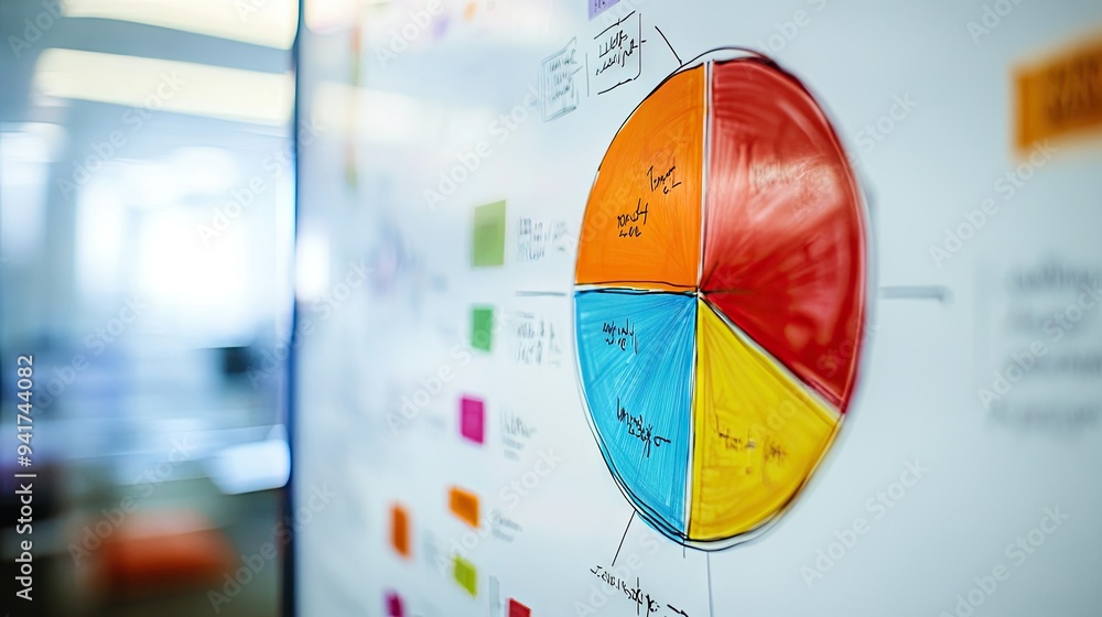 Poster a detailed shot of a pie chart displayed on a whiteboard, with colorful segments and handwritten not