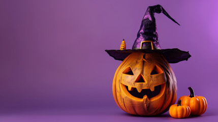 Scary and funny Jack O'Lantern on purple background. Carved pumpkin with a witch hat. Halloween celebration and autumn decoration concept. 