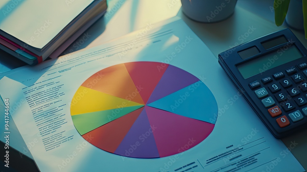 Poster a detailed shot of a printed pie chart on a desk, with vibrant segments representing different data 