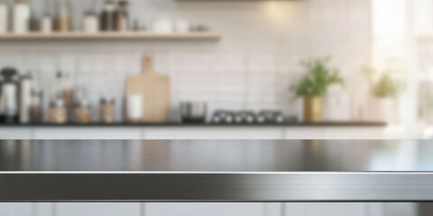 Modern kitchen countertop with kitchenware and plants in bright natural light