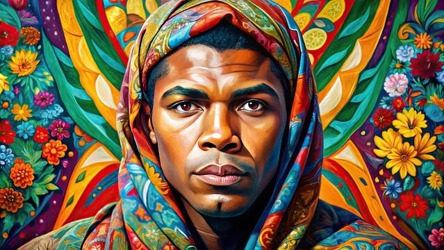 Global Inspiration: Ali as a symbol of hope and resilience, depicted in a vibrant, multicultural palette.