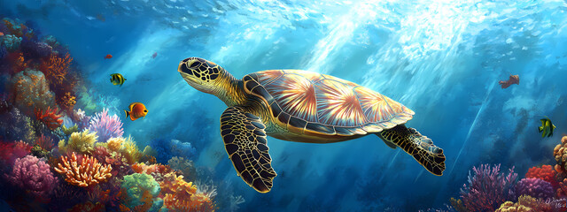 Obraz premium Graceful Sea Turtle in Coral Reef