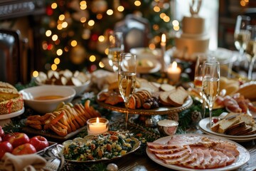 Elegant Christmas Dinner Table Setting with Candles and Festive Decor in Warm Lighting