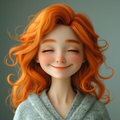 Fototapeta premium Portrait of happy smile laughing cartoon character young adult woman female person with ginger hair in 3d style design on light background. Human people feelings expression concept 