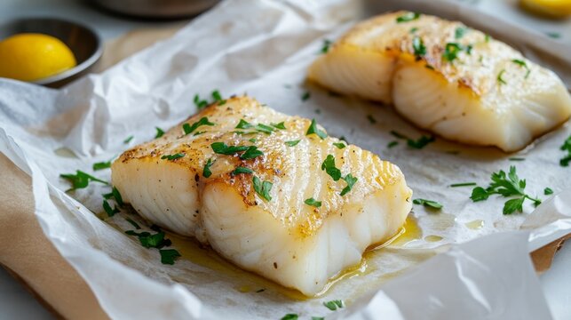 Freshly cooked cod fillets garnished with herbs and lemon in a cozy kitchen setting