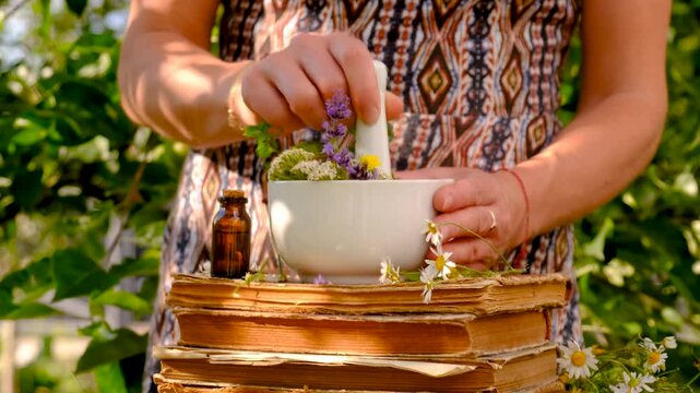 Woman with medicinal herbs in the garden. Selective focus.