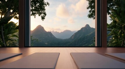 Fototapeta premium Yoga studio interior with a large window offering a breathtaking view of mountains at dawn, surrounded by lush greenery..
