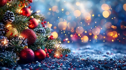 Obraz premium An eco-friendly Christmas tree adorned with handmade ornaments made from natural materials, softly glowing against a backdrop of blurred warm-toned lights. The scene is cozy and inviting,