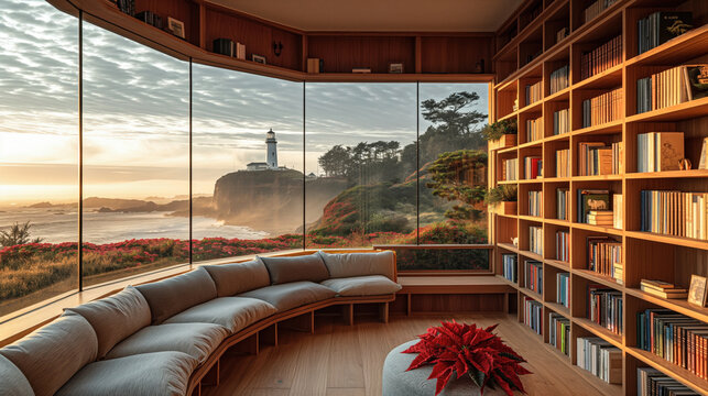 Christmas bookshelf background of interior home library study virtual room window view of lighthouse misty coast. Festive poinsettia holiday flowers. Online webinar presentation teams meeting backdrop