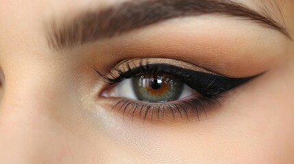 A detailed shot of a woman's eye, showcasing perfectly applied eyeliner and long, voluminous lashes, with a subtle hint of eyeshadow.