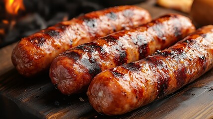 Fototapeta premium Three juicy grilled sausages with appetizing grill marks served on a dark surface. The background features an out-of-focus warm glow of fire, perfect for depicting outdoor cooking or barbecue concepts