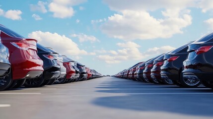 A car is parked in a row at an outdoor parking lot. Used cars for sale and rental service. Car insurance, Automobile parking area. Car dealership and dealer agent concept. Automotive industry.