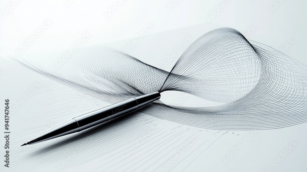 Poster intertwining lines forming a pen and notebook in a simple, modern style, conveying the concept of wr
