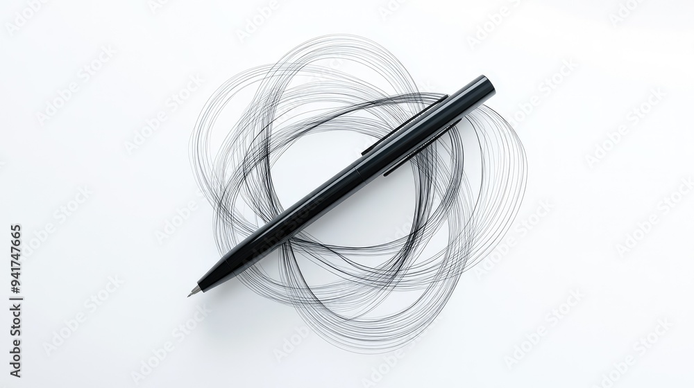 Poster intertwining lines forming a pen and notebook in a simple, modern style, conveying the concept of wr