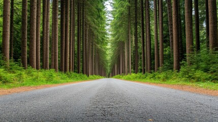 Obraz premium A paved road running through a green forest flanked by tall symmetrical trees, creating a tunnel-like effect with natural surroundings..