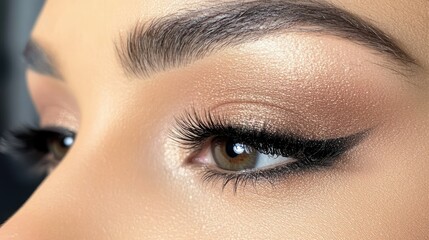 Obraz premium A detailed shot of a woman's eyes with dramatic smoky eye makeup, featuring perfectly blended eyeshadow, winged eyeliner, and voluminous lashes. -