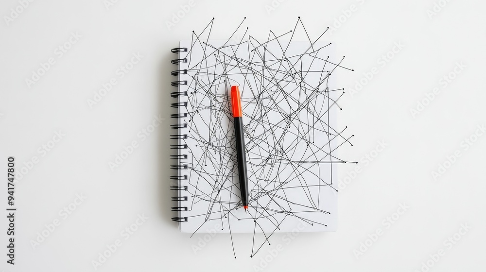 Poster intertwining lines forming a pen and notebook in a simple, modern style, conveying the concept of wr