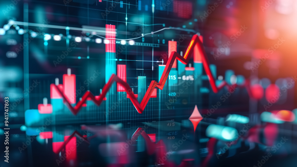 Poster dynamic financial market data with rising graphs and charts in a vibrant digital interface