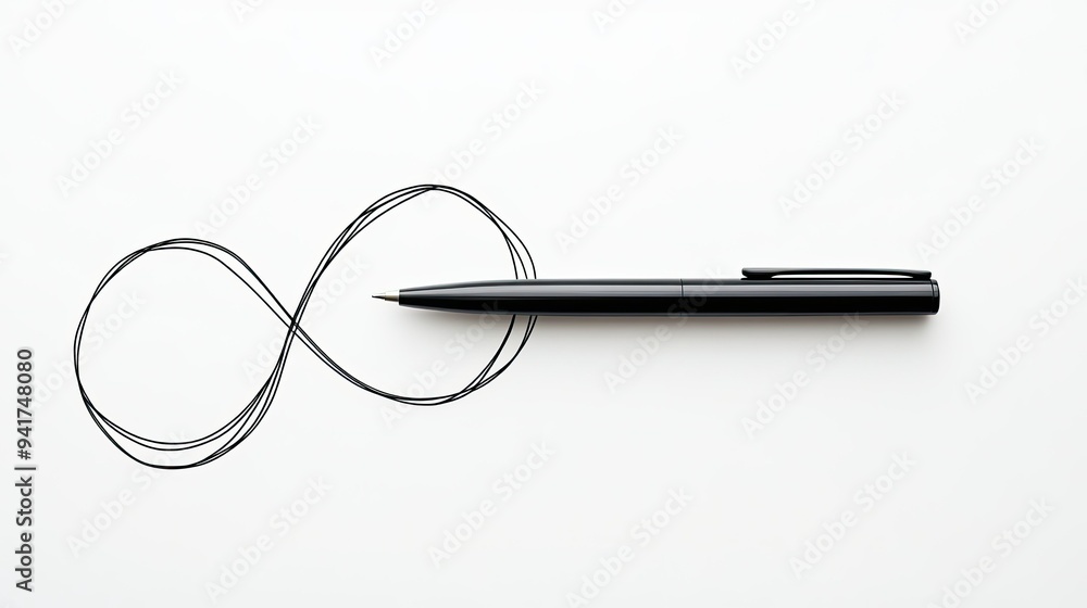 Poster intertwining lines forming a pen and notebook in a simple, modern style, conveying the concept of wr