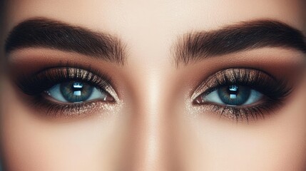Obraz premium A detailed shot of a woman's eyes with dramatic smoky eye makeup, featuring perfectly blended eyeshadow, winged eyeliner, and voluminous lashes.