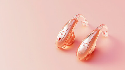 sleek modern hearing aids on a soft pastel pink background