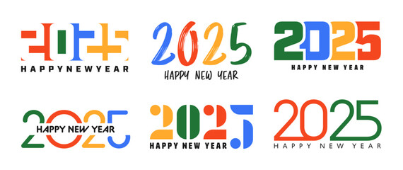 Set of 2025 Happy New Year greeting text designs. Christmas banner, poster, festive greeting card or seasonal promotion template. Collection of 2025 numbers with greetings. Vector illustration